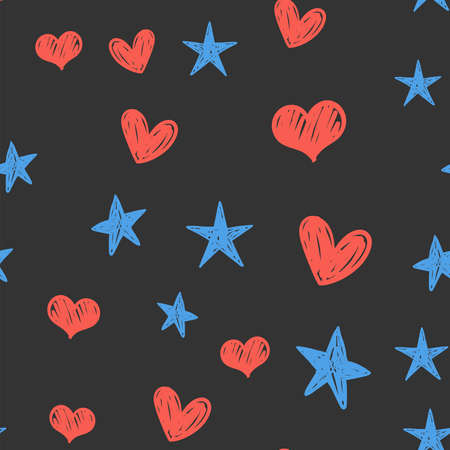 Heart and star doodles seamless pattern. Love and sky texture background.のイラスト素材