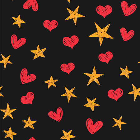 Heart and star doodles seamless pattern. Love and sky texture background.のイラスト素材