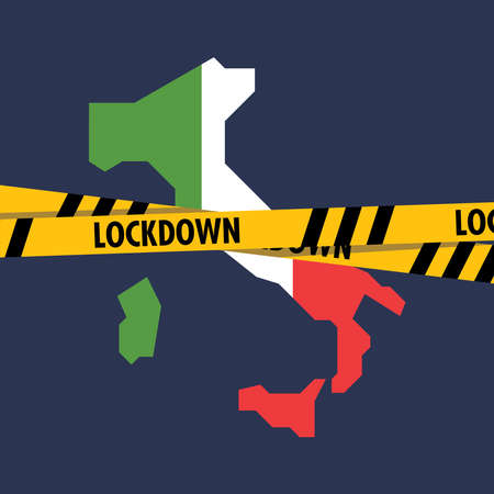 Italian map with lockdown tape. Coronavirus pandemic outbreak quarantine.