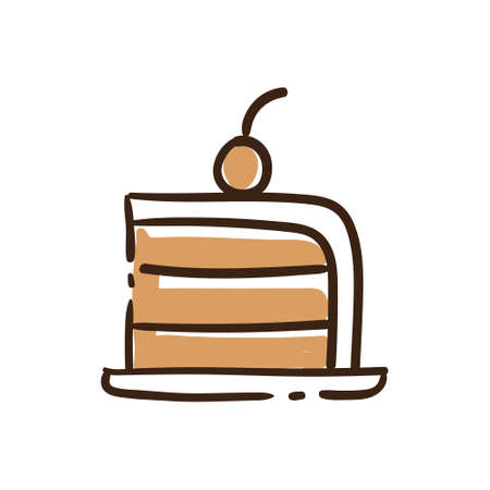 Pie portion doodle icon with cherry on top. Piece of cake hand drawn illustration.