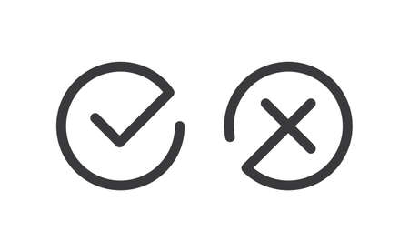 Check mark icons. Green tick symbol and red x sign in circle. Icons for evaluation quiz. Vector.のイラスト素材