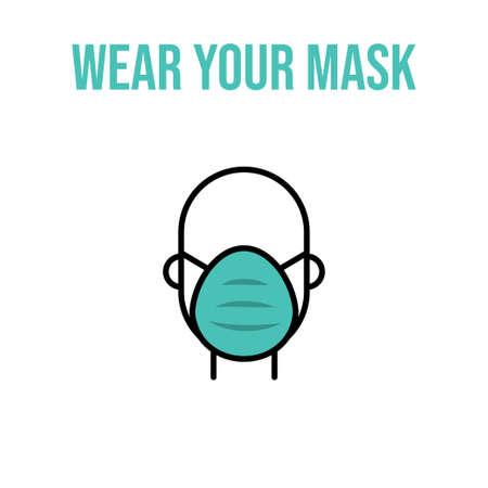 Man in face mask line icon, vector pictogram of pandemic virus prevention. Protection wear from coronavirus, air pollution, dust, flu illustration. Sign for medical equipment store. Wear your mask.のイラスト素材