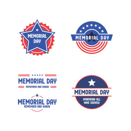 Memorial day badge collection. United States of America patriotic day emblem design. Red white and blue american symbol.のイラスト素材