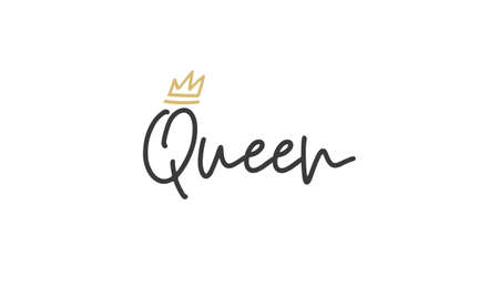 Queen word lettering with gold doodle crown. Vector illustration, calligraphic style text.のイラスト素材
