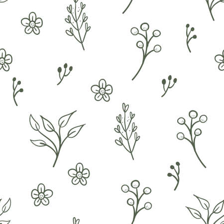 Floral and herbal ornaments seamless pattern. Hand drawn leaves and branches texture background. Nature doodles decoration.の写真素材