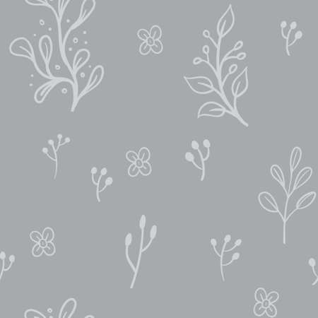 Leaves and flowers seamless pattern. Doodle nature elements background texture. Botanical design.のイラスト素材