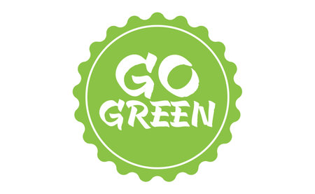 Go Green badge. Eco-friendly slogan. Badge pin with environmental awareness message.のイラスト素材