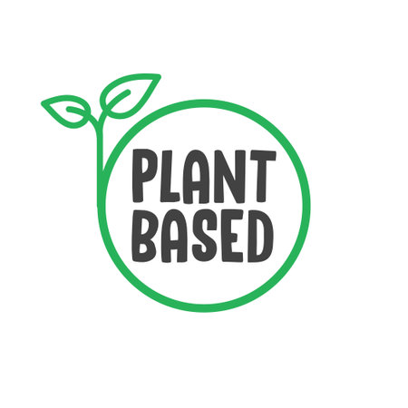 Plant based label. Text inside a circle with leaves around. Vegan friendly badge.のイラスト素材