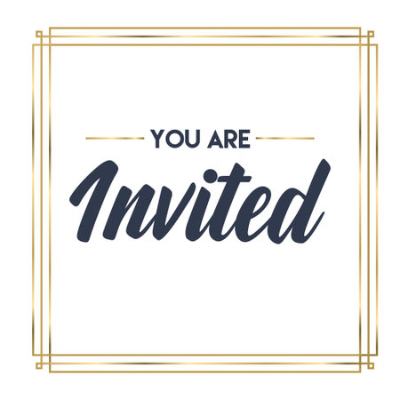You're invited. Calligraphy text with elegant golden frame. Hand drawn style vector lettering. Design for greeting cards, and invitations.のイラスト素材