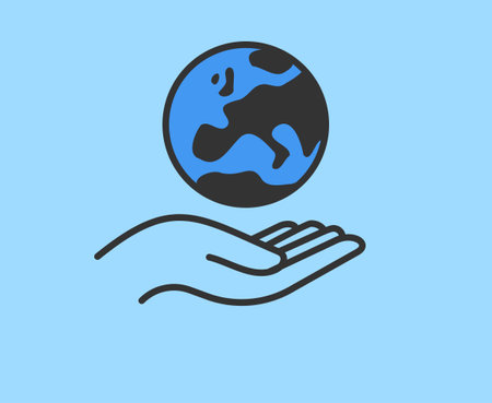 Hand holding planet earth. World environment conservation linear icon. Human protect nature. Save the planet.のイラスト素材
