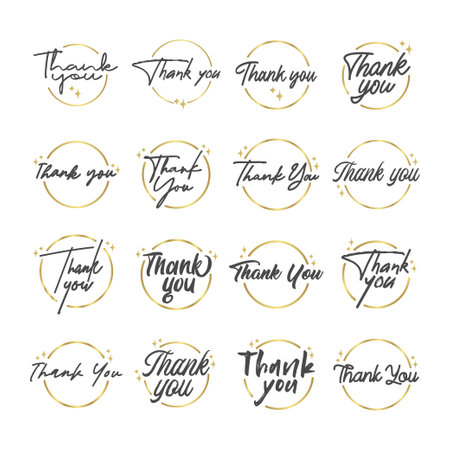 Thank you message. Beautiful greeting calligraphy text. Handwritten modern lettering with golden circle frame.のイラスト素材