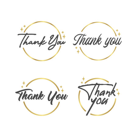 Thank you message. Beautiful greeting calligraphy text. Handwritten modern lettering with golden circle frame.のイラスト素材