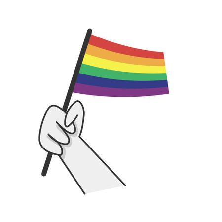 Hand holding lgbt rainbow flag. Cartoon arm doodle holding Pride symbol. Gender diversity representation.のイラスト素材
