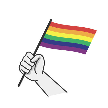 Hand holding lgbt rainbow flag. Cartoon arm doodle holding Pride symbol. Gender diversity representation.のイラスト素材