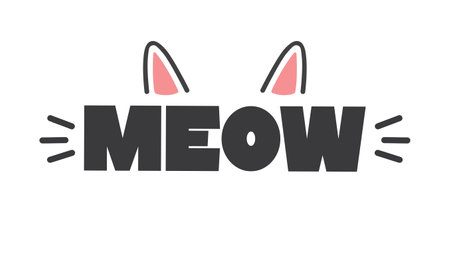 Meow lettering with cat ears and whiskers. Cute design for feline lovers and cat moms.のイラスト素材