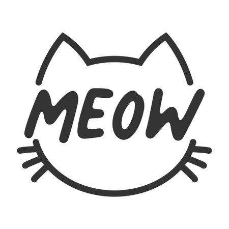 Meow lettering inside cat head pictogram, with ears and whiskers. Cute design for feline lovers and cat moms.のイラスト素材