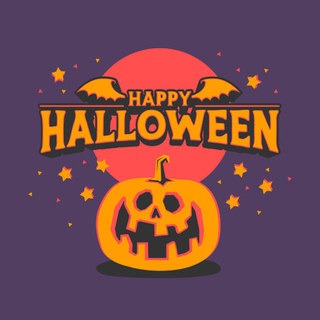 Happy halloween banner design with carved pumpkin. Retro modern style illustration. Funny vintage Jack o Lantern.のイラスト素材