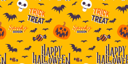 Halloween seamless pattern with carved pumpkins and bats. Cheerful spooky illustrations.のイラスト素材