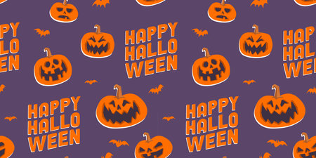 Halloween seamless pattern with carved pumpkins and bats. Cheerful spooky illustrations.のイラスト素材