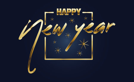 Happy new year lettering message, elegant golden logo on blue background. Vector.