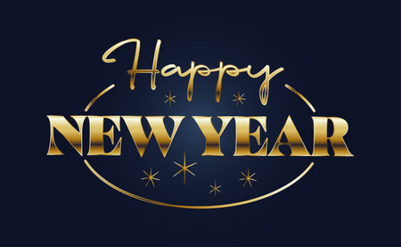Happy new year lettering message, elegant golden logo on blue background. Vector.のイラスト素材
