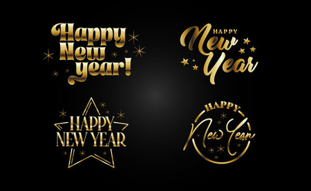 Happy new year lettering collection. Elegant golden design in dark background.のイラスト素材