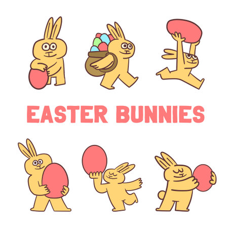 easter bunnies with easter eggs, cute illustrations pack, quirky cute cartoonsのイラスト素材