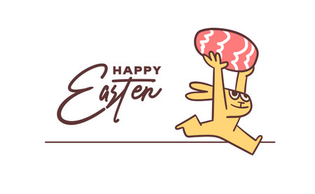 happy easter card with easter bunny holding egg. Cute quirky handmade cartoon illustration.のイラスト素材