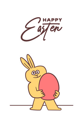 happy easter vertical card with easter bunny holding egg. Cute quirky handmade cartoon illustration.のイラスト素材
