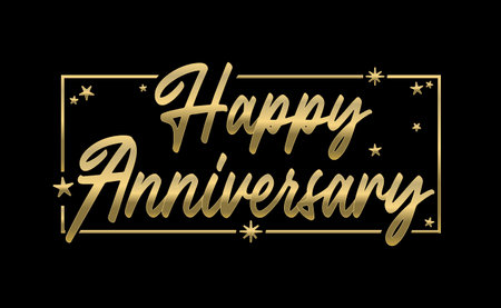 happy anniversary elegant banner, golden frame with stars. calligraphic handwriting textのイラスト素材