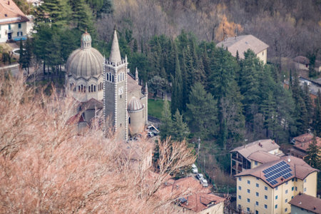 Aerial view of the church of Lizzano in Belvedere, Italyの写真素材