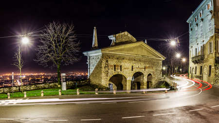 Saint James Gate in the night, Bergamoの写真素材