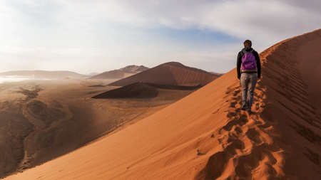 Solitary tourists up the crest of a dune in the desert of Namibiaの写真素材