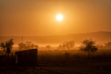 Beautiful red sunrise in the savannah of namibia