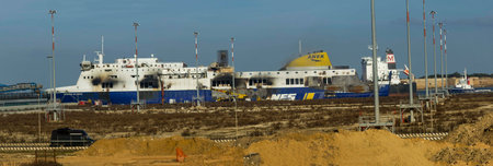 ferry boat moored at norman atlantic toast harbor after the fire During travel from greece to italy 12/30/2014のeditorial素材