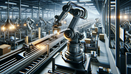 3d rendering industrial robot arm working on assembly line in factory.の素材