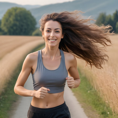Young beautiful woman running in the countryside. Healthy lifestyle and sport concept.の素材
