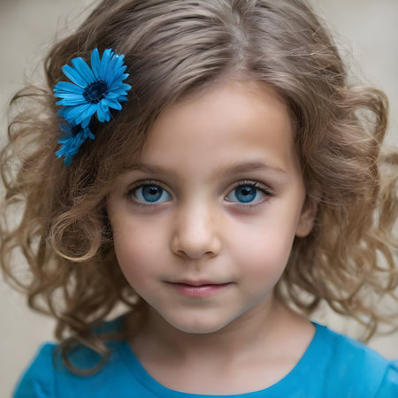 portrait of a beautiful little girl with blue flowers in her hairの素材