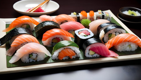 Sushi set on a wooden plate, japanese food.の素材