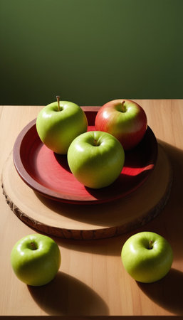 Three apples on a red plate on a wooden table with green backgroundの素材