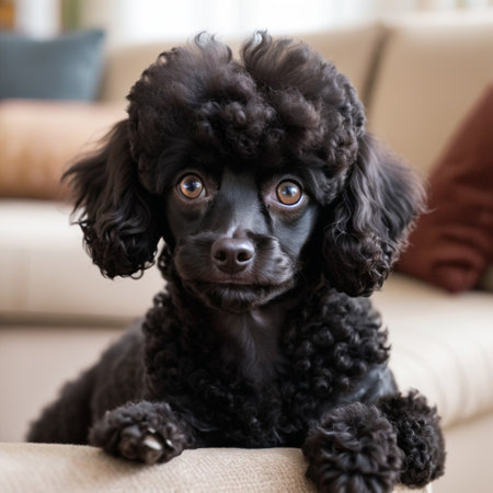 Cute black poodle puppy with big eyes sitting on the sofa at homeの素材