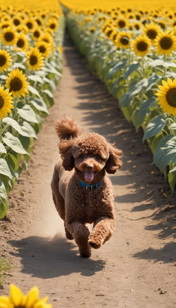 Poodle running in a field of sunflowers on a sunny dayの素材