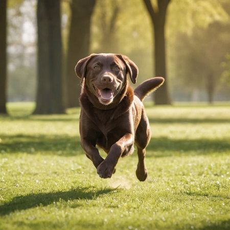 Labrador Retriever running on the grass in a sunny dayの素材