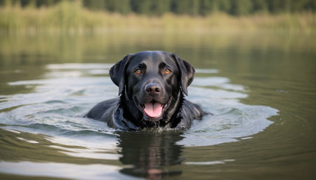 Black Labrador Retriever swimming in the lake with his tongue outの素材