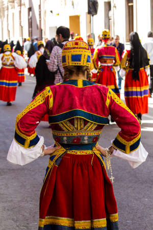 CAGLIARI, ITALY - MAY 1, 2015: 359 Procession of Sant'Efisio, detail of a traditional Sardinian costume - Sardiniaのeditorial素材