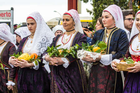 MURAVERA, ITALY - APRIL 2, 2017: 45th Citrus Festival, parade of Sardinian traditional costumes - Sardiniaのeditorial素材