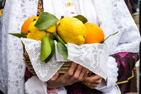 MURAVERA, ITALY - APRIL 2, 2017: 45th Citrus Festival, detail of a traditional Sardinian costume - Sardiniaのeditorial素材