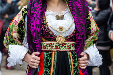 MURAVERA, ITALY - APRIL 2, 2017: 45 Citrus Festival, parade of traditional Sardinian costumes - Sardiniaのeditorial素材