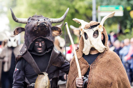 MURAVERA, ITALY - APRIL 2, 2017: 45th Citrus Festival - Ethnic Masks Bois and Fui Janna Morti of Escalaplano - Sardiniaのeditorial素材