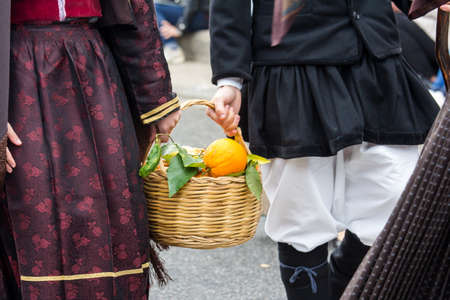 MURAVERA, ITALY - APRIL 2, 2017: 45th Citrus Festival - Folk group S.Barbara di San Vito - Sardiniaのeditorial素材